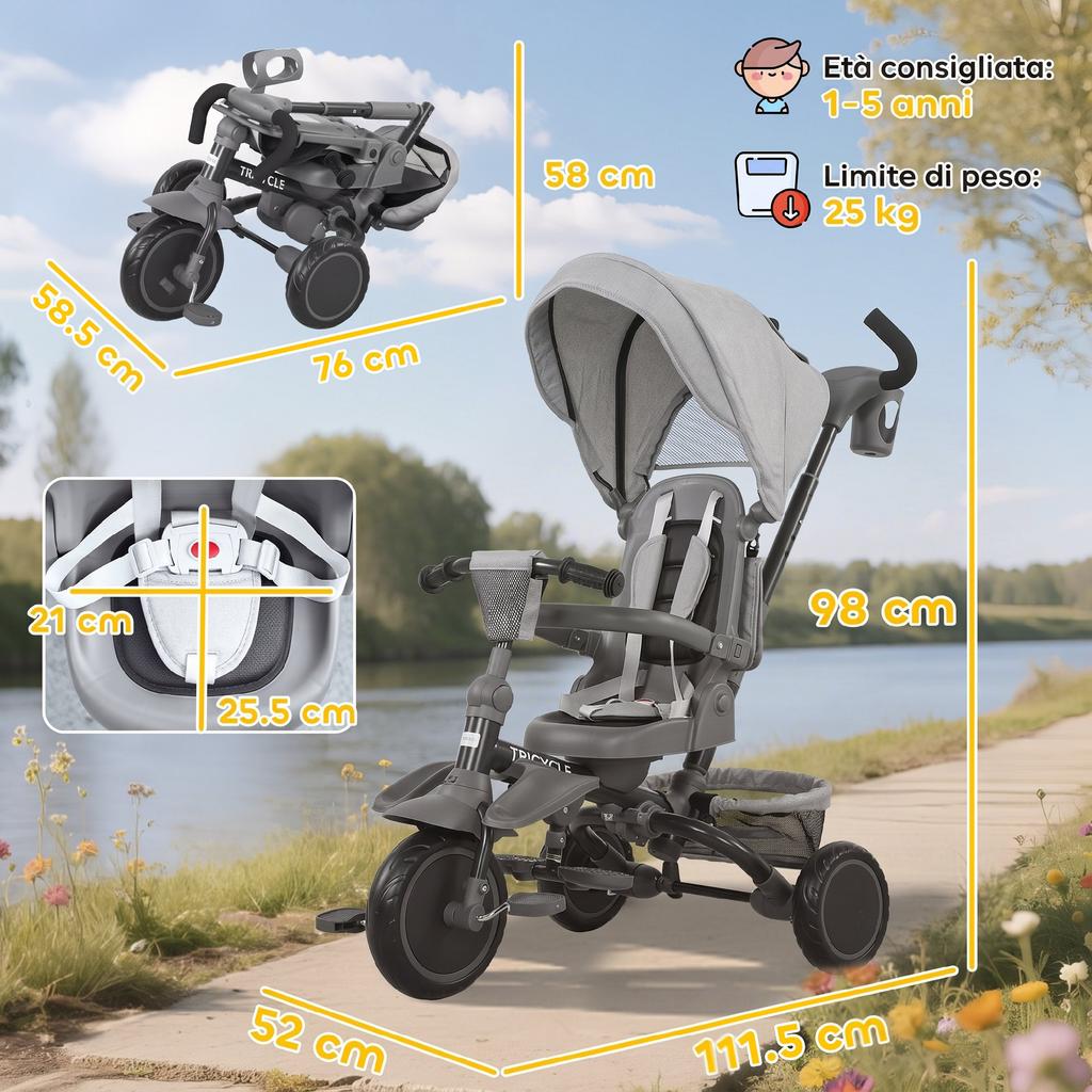 6-in-1 Children's Tricycle, Push Handle, Swivel Seat, 111.5x52x98 cm, Grey