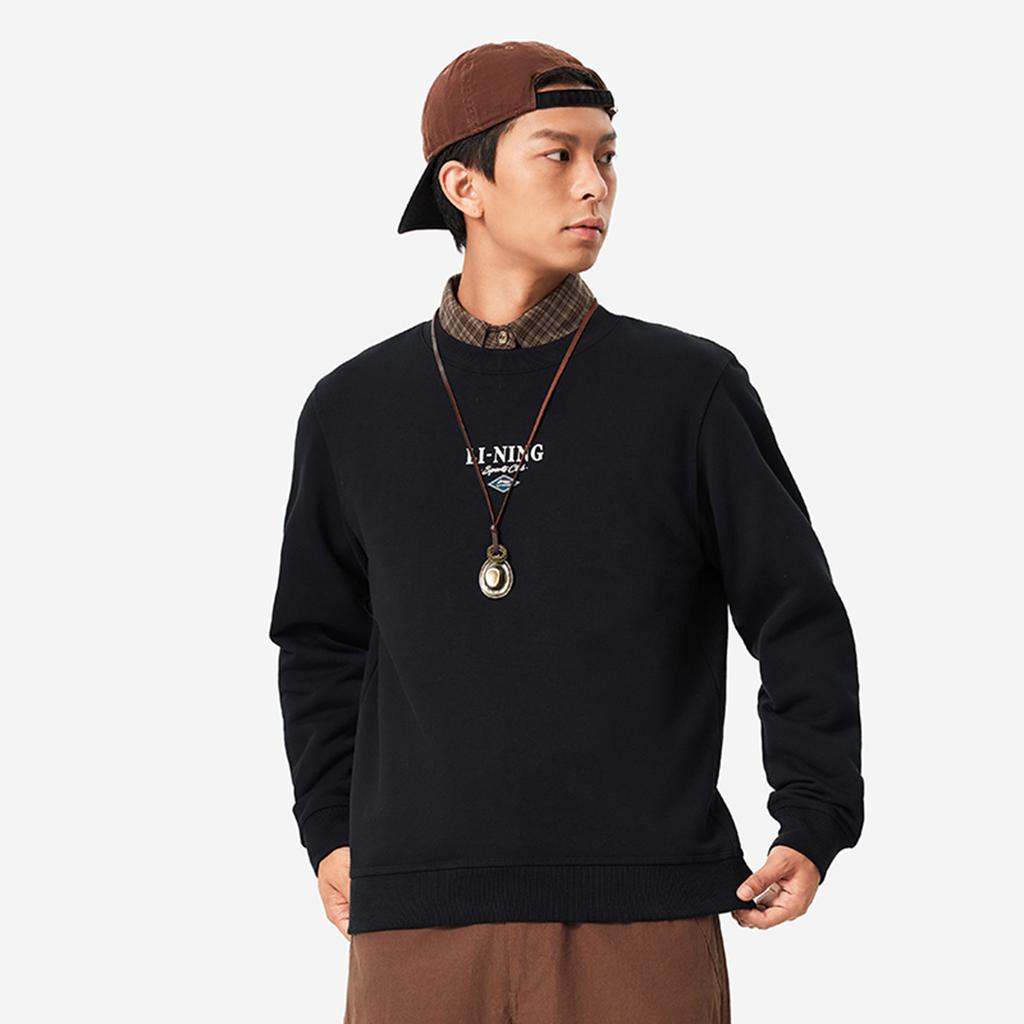 Li Ning Sports Lifestyle Series Fashion Casual Streetwear American Vintage Letter Print Флисовая теплая толстовка Мужская толстовка черного цвета AWDU679-3