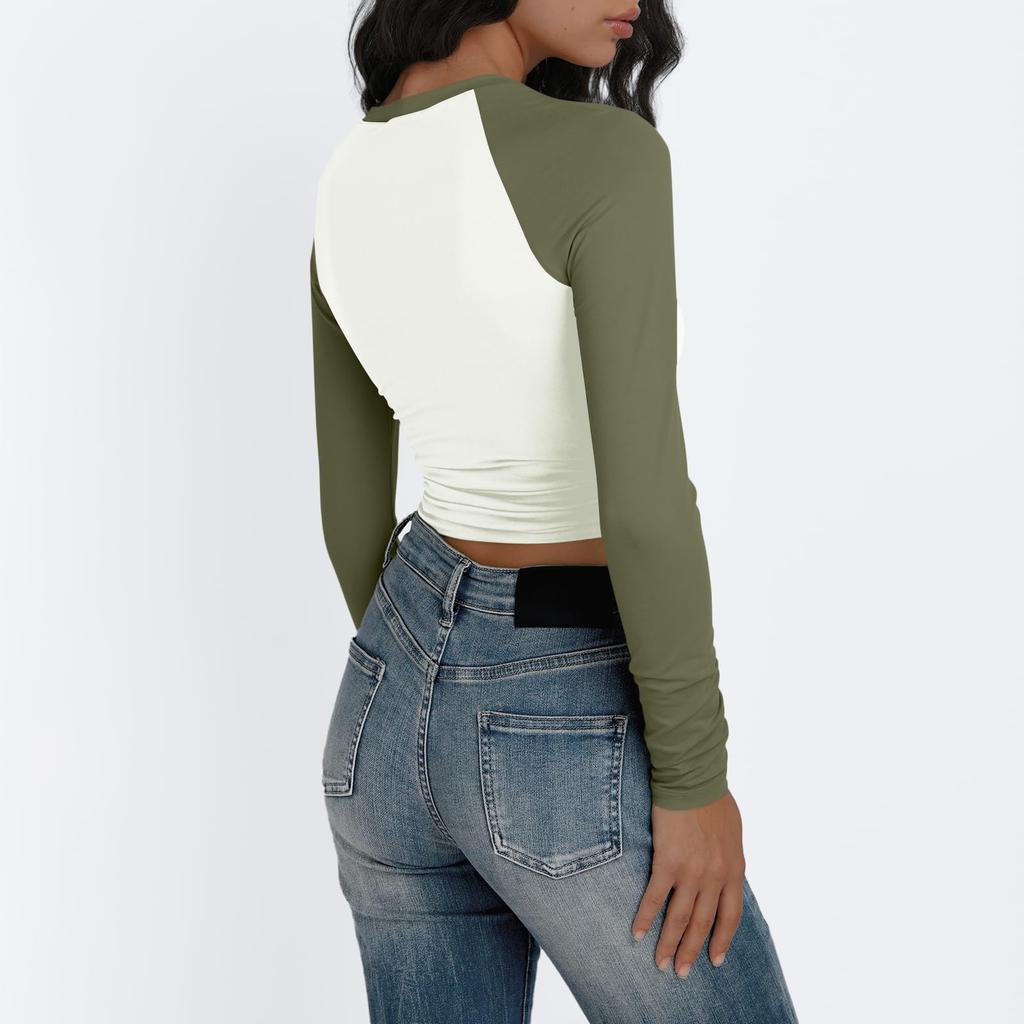 Женские рубашки с длинным рукавом, облегающие, эластичные, с цветными блоками, слегка укороченные топы