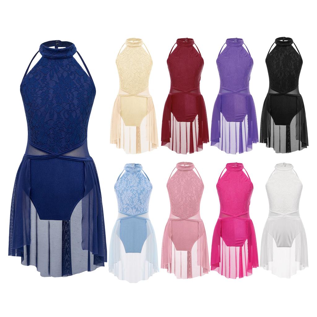 Лирическое платье для девочек, кружевное платье с цветочным принтом и открытой спиной, танцевальное трико с неровным подолом, детская танцевальная одежда