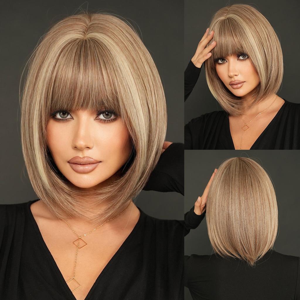 Professional WIGS Synthetic Short Straight Ash Brown Bob Wig for Women High Density Layered Highlight Blonde Hair Wigs with Neat Bangs