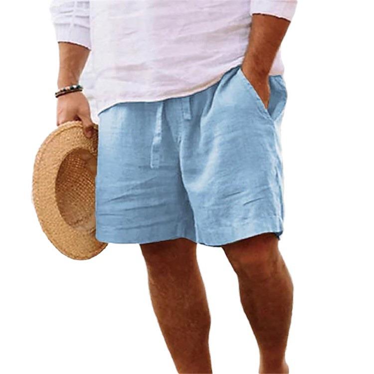 Men's 2025 Summer Cotton Linen Shorts - Elastic Waist, Straight Leg, Breathable Solid Color Casual Beach Mid-Length