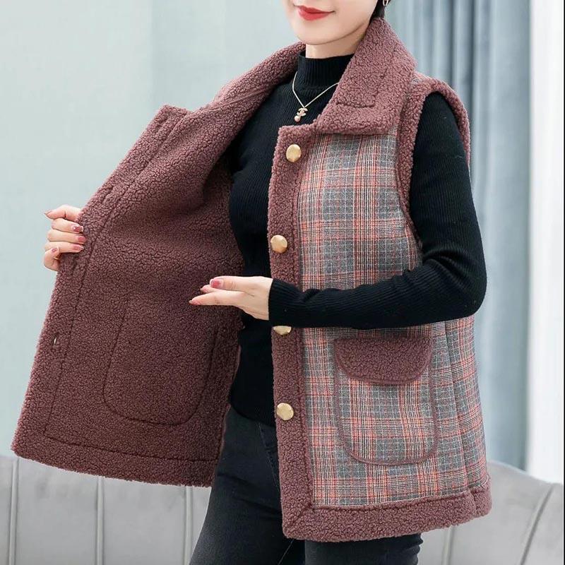 Vest Women's Autumn and Winter Wear Plus Velvet Thick Large Size Middle-aged and Elderly Plaid Sleeveless Jacket