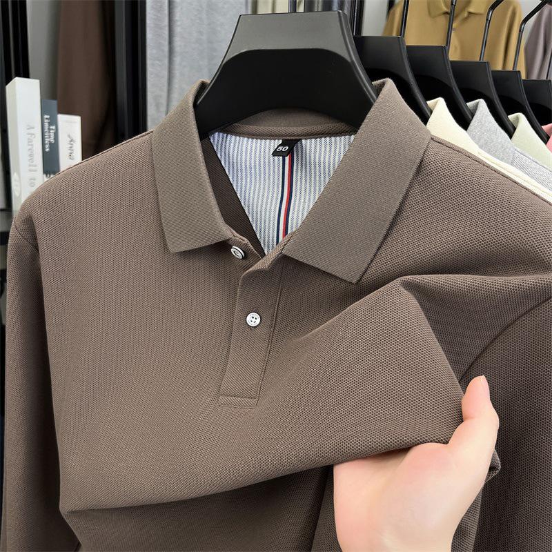 Мужская однотонная хлопковая рубашка-поло - Повседневный топ с длинным рукавом