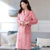 Women's Mid-Length Flannel Robe: Plush Velvet Thick Coral Fleece Yukata for Autumn and Winter.