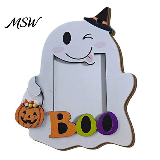 Halloween Keepsake Frame Cute Ghost Wooden Photo with Hanging Rope, Creative Durable Slot Picture for Holiday Party Decor And Home Wall Decoration