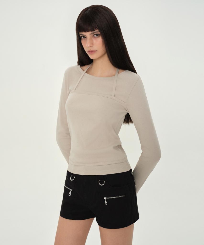MUSINSA STANDARD WOMAN Женская многослойная футболка с длинным рукавом и завязками на шее [Грибной]