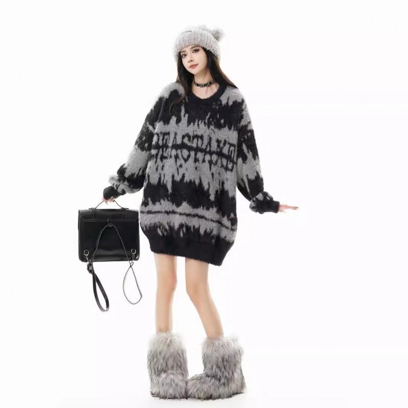 Unisex Oversized Knit Sweater With Jacquard Streetwear Style Casual Winter Top