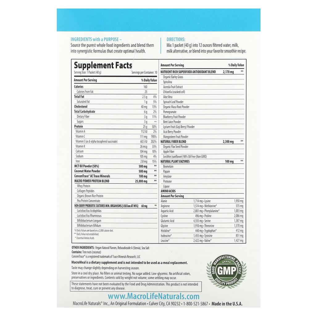 Macrolife Naturals Macro Meal Ultimate Superfood, Vanilla Protein + Superfood, 10 Packets, 1.4 Oz (40 G) Each