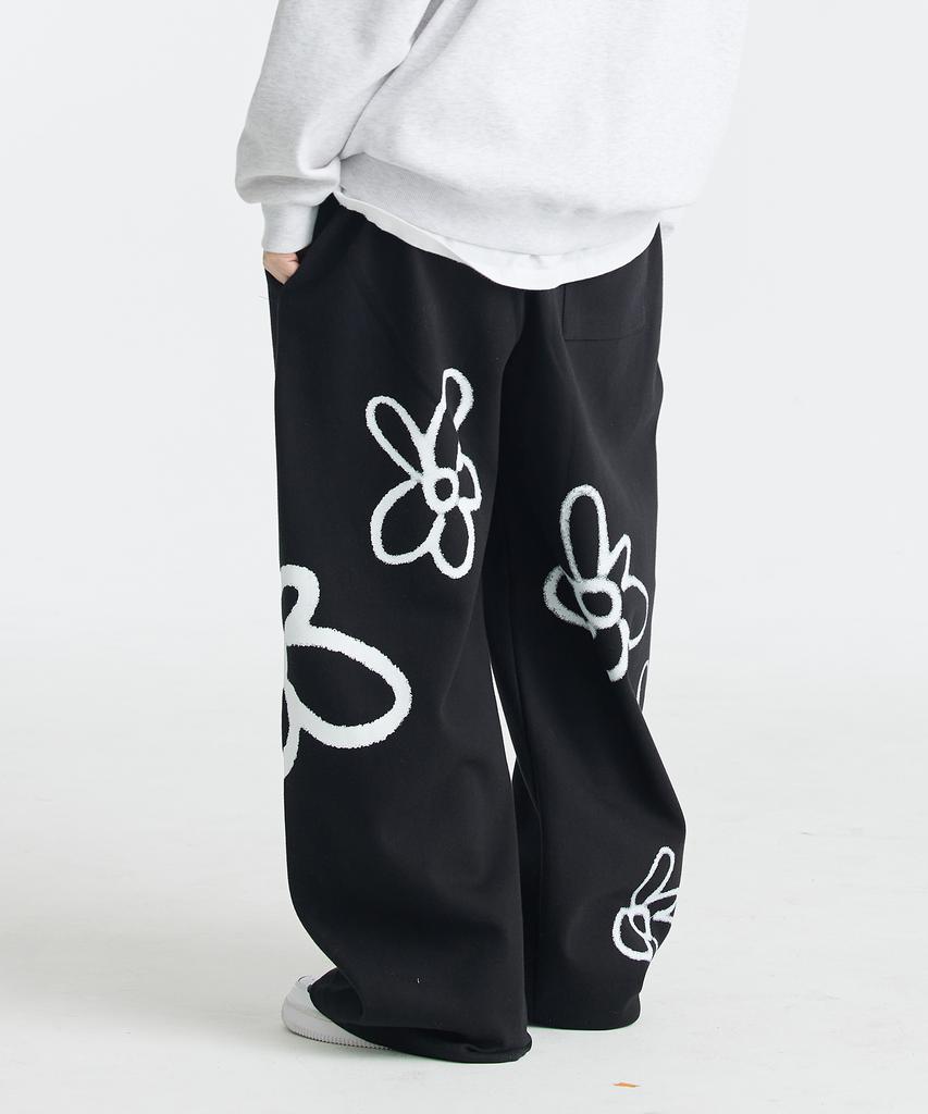 DOUBLE JD Flower Spray Stopper Wide Elastic Pants (Black)