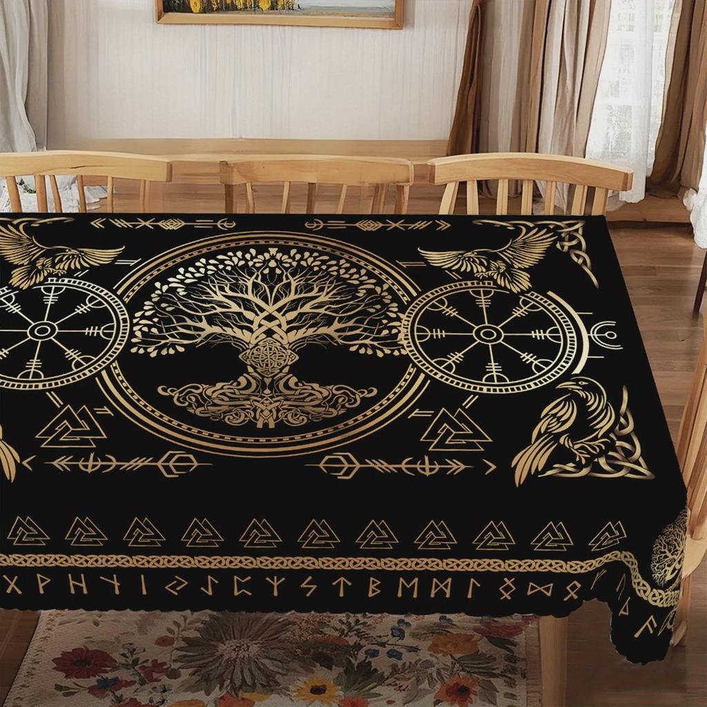 Rectangle Tablecloth with Norse Rune Symbols and Tree of Life Golden Viking Crow Design for Kitchen Table Decor Holiday Party