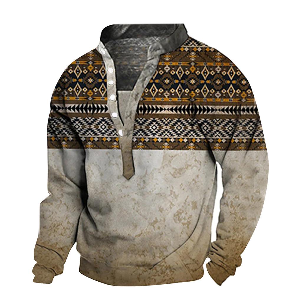 Мужской свитер с v-образным вырезом и воротником-стойкой с 3D цифровой печатью и винтажным воротником на 6 пуговицах