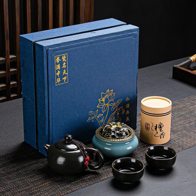 Guochao Ceramic Tea Set, One Pot, Two Cups and Four Cups Travel Gift Box Set.