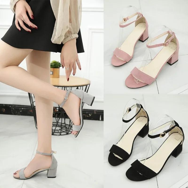 2024 New Fashion Open Toe Square Heel High Heels Sandals Women Summer Shoes Fashion Sexy Buckle Strap Ladies Shoes Size 33-40