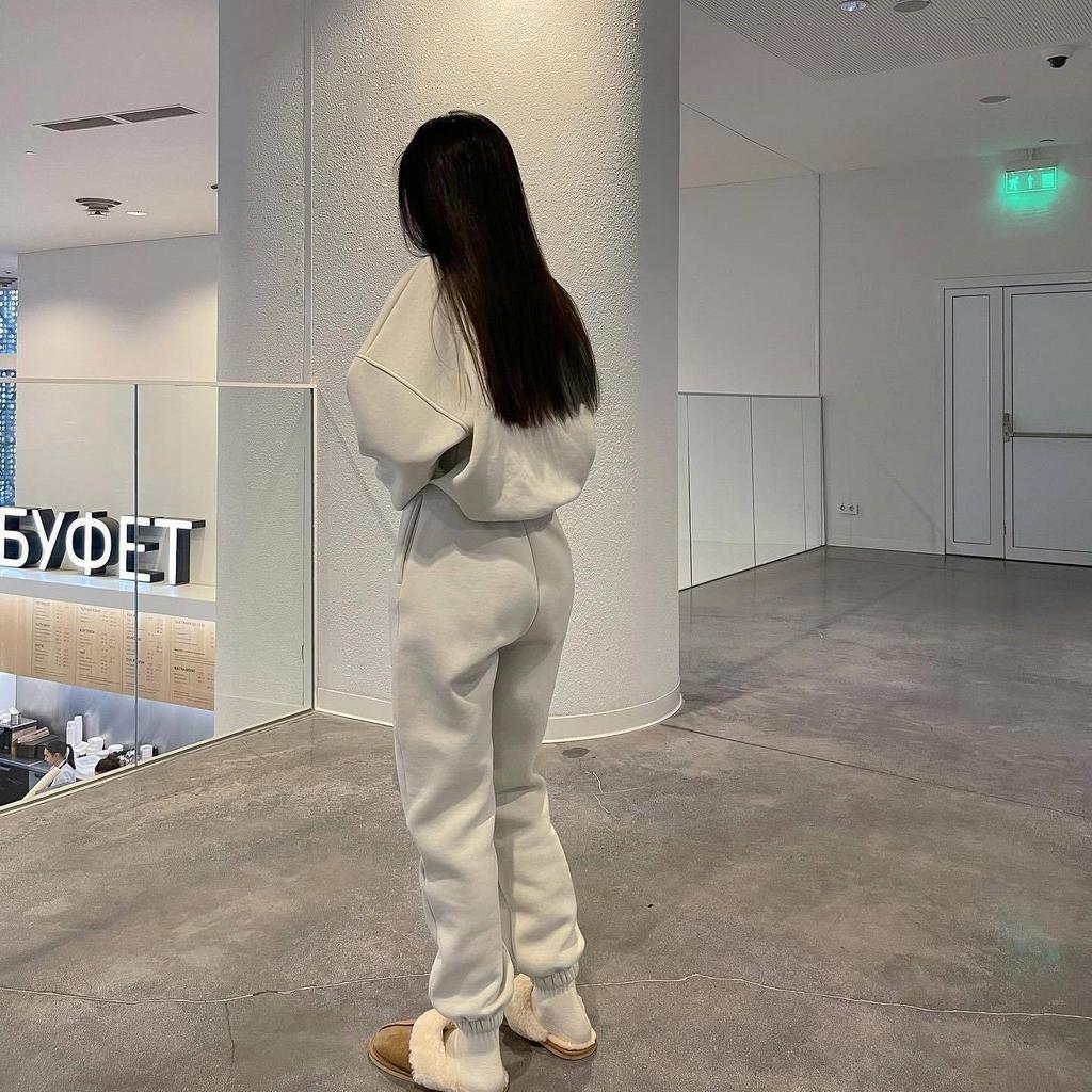 Женский однотонный костюм с длинным рукавом и круглым вырезом, осенне-зимний свободный верх, широкие брюки