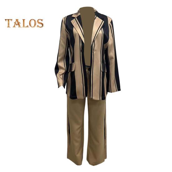 2 шт./комплект женский деловой пиджак брюки комплект с длинными рукавами цветной полосатый кардиган с лацканами средней длины пиджак расклешенные брюки с высокой талией формальные