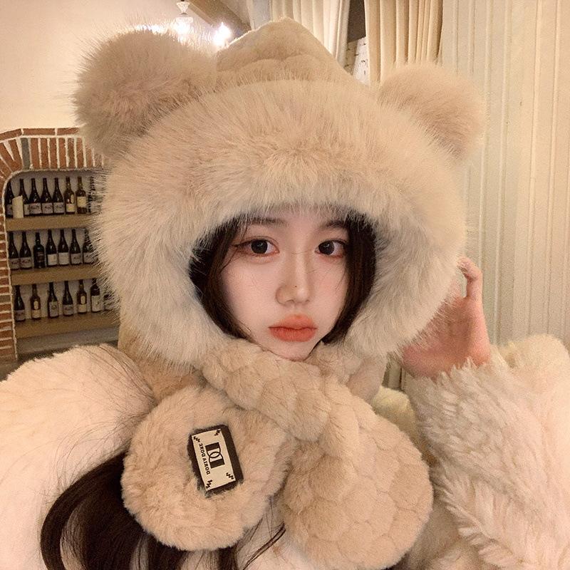 Bear plush hat scarf integrated female winter cute furry face small thickened warm ear protector Lei Feng hat