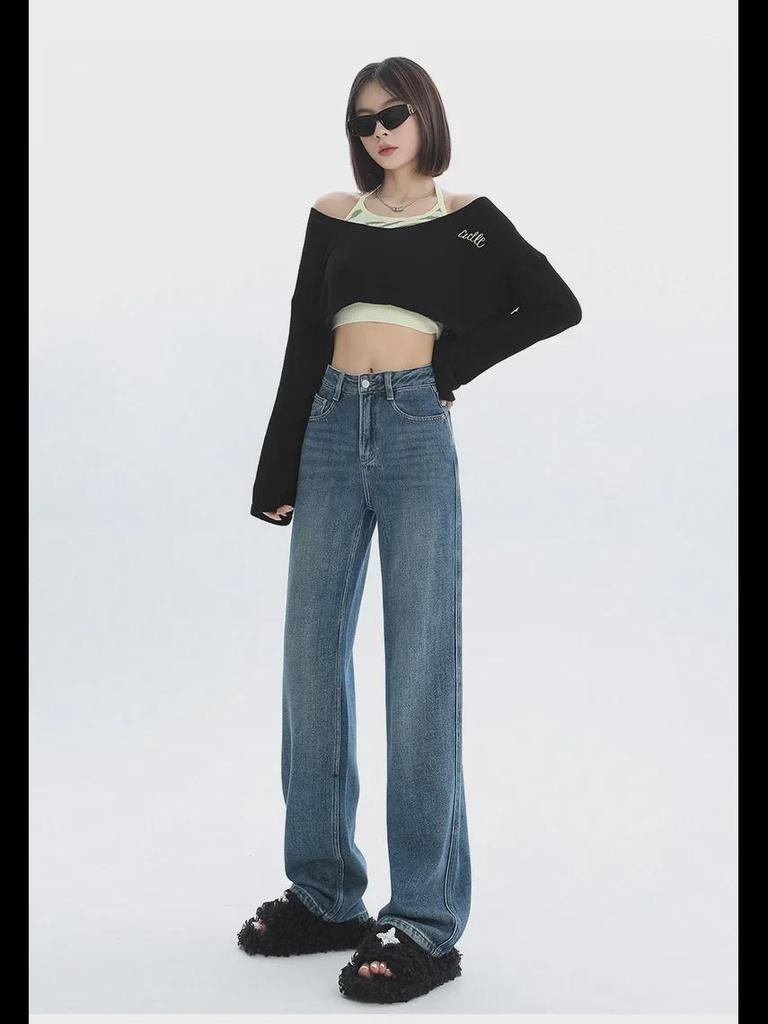 Women's Plush Wide-Leg High-Waist Warm Jeans for Autumn/Winter - Thick, Slim, Loose-Fit Long Pants.