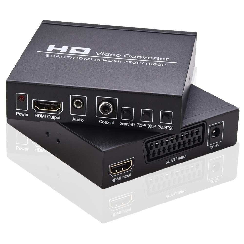 Конвертер видео SCART/HD в HD Поддержка переключателя 720P/1080P Переключатель PAL/NTSC SCART HD Вход HD 3,5 мм Аудио Коаксиальный выход Американская вилка