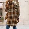 Women Plus Size Collared Neck Long Sleeve Geometric Printed Orange Blue Shirt High Low Curved Hem
