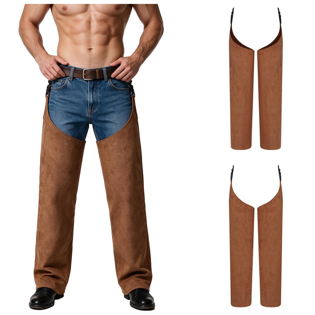 Men Cowboy Faux Suede Chaps Removable Buckle Leg Protection Covers for Horse Riding Role Play Themed Party Costume