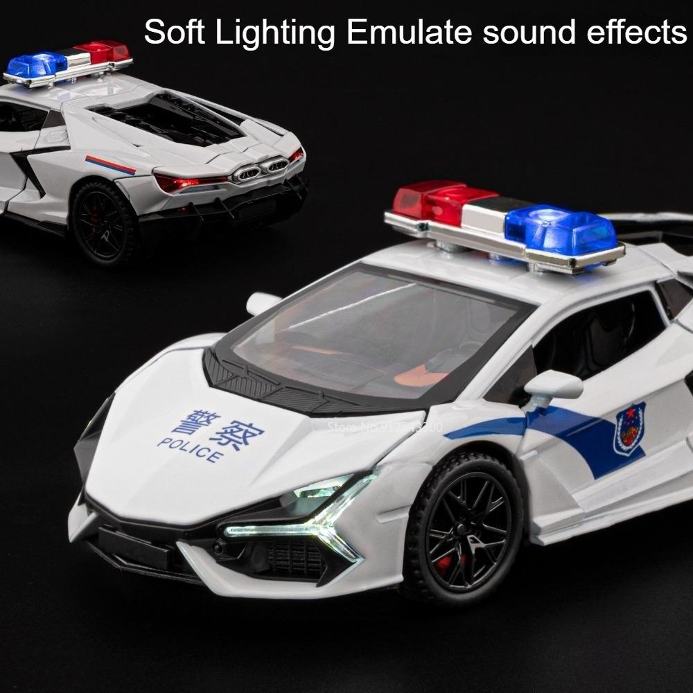 1:32 Scale Revuelto Police Car Model Toy Doors Opened Sound Light Sports Cars Pull Back Alloy Body Vehicle Hobby Decorations