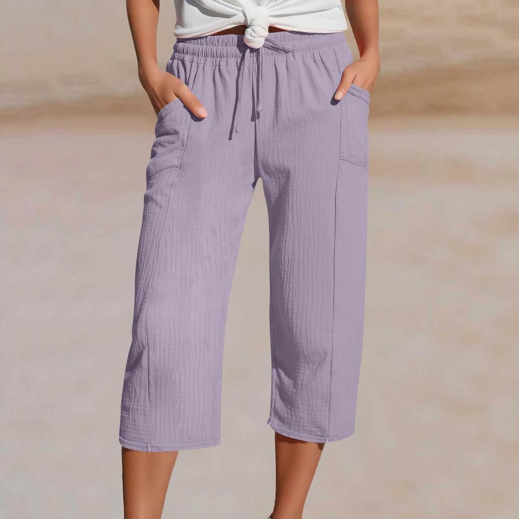Women's Summer 3/4 Trousers Summer Trousers With Pockets Causal Loose Trousers Fabric Trousers Sport Leisure Beach Trousers
