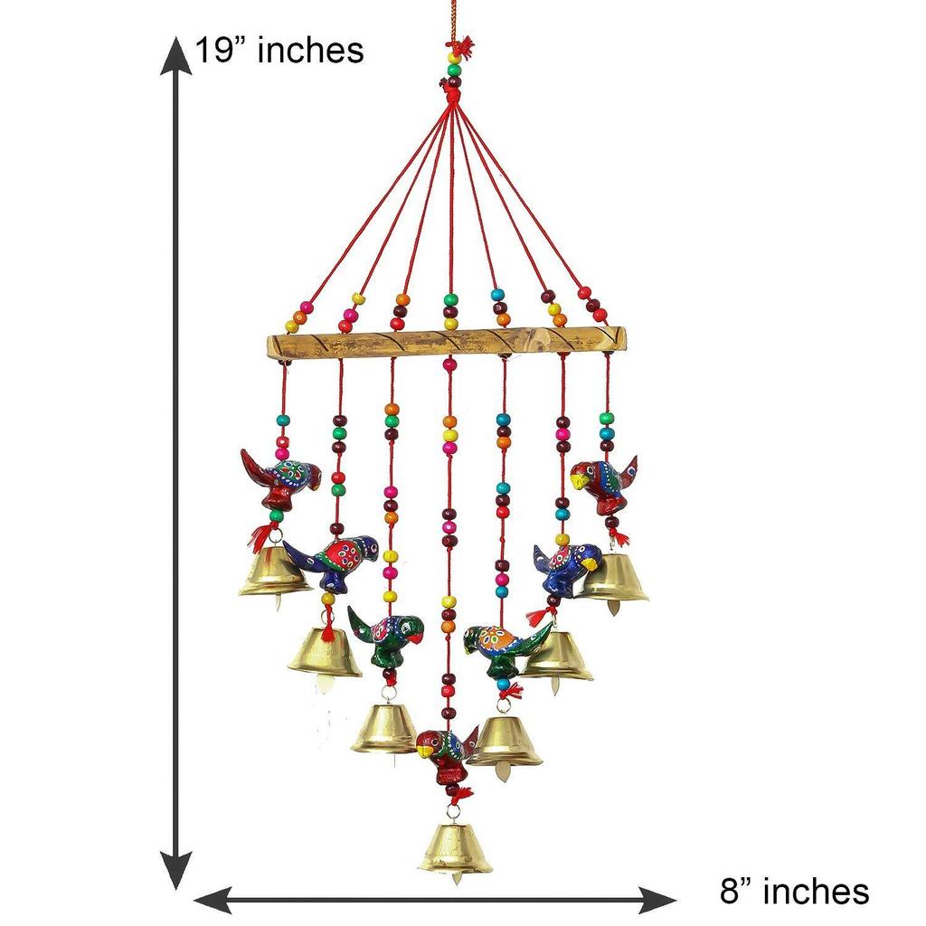 Multicolor Handcrafted Beads Bells Parrot Statue Window Wall Door Hanging Wind Chimes Decorative Showpiece- Diwali Decoration Items for Home Decor