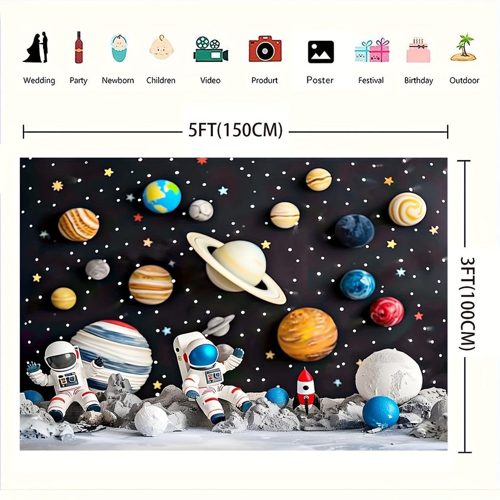 Space-themed photo backgrounds cartoon astronauts planets stars rocket spaceships polyester birthday parties