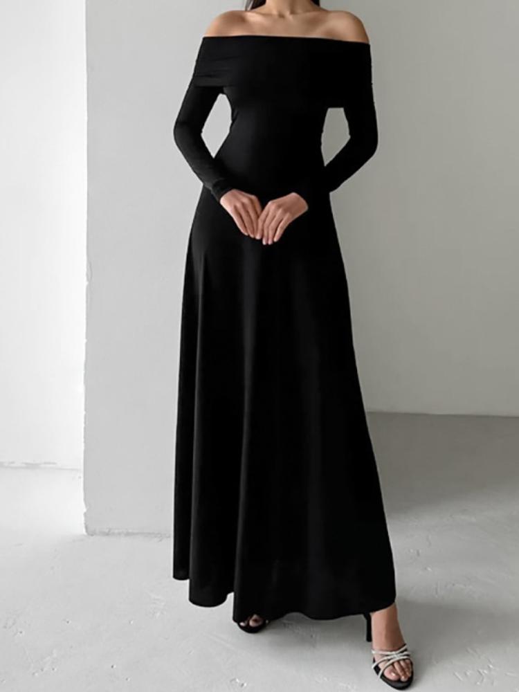 Осень-зима женское сексуальное платье макси с открытыми плечами, однотонное черное платье без бретелек с длинным рукавом для женщин, вечерние платья