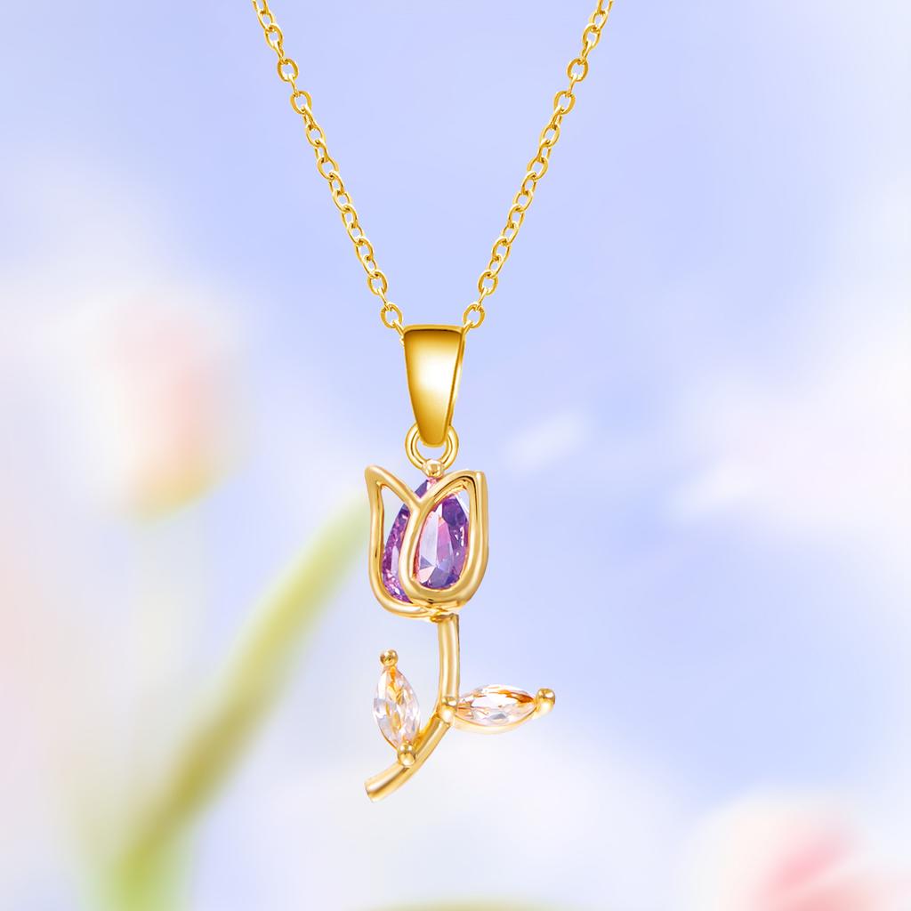 Light Luxury Zircon Tulip Flower Clavicle Chain Necklace for Women Elegant Brass Pendant Bracelet Fashion Party Jewelry Gift