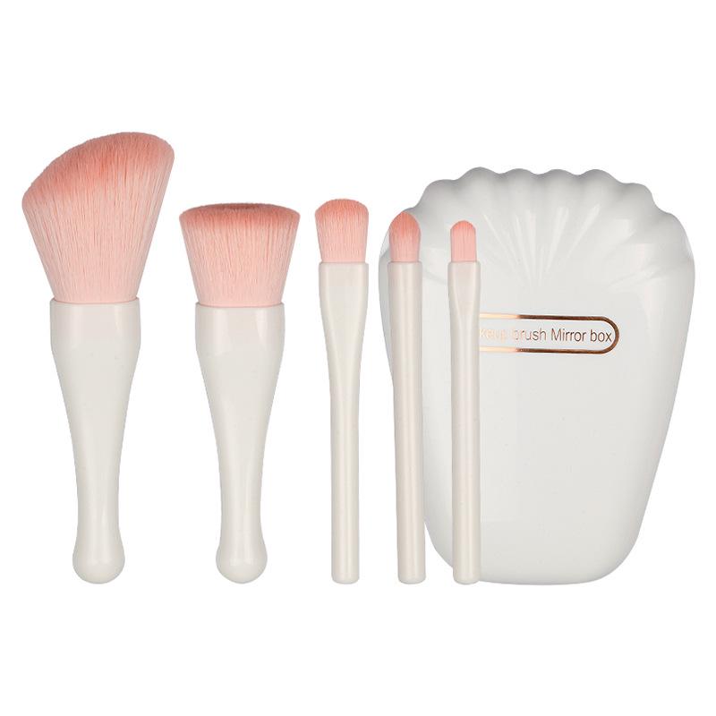 Seashell Portable Makeup Brush Set with Mirror - 5-Piece Eyeshadow & Foundation Tools