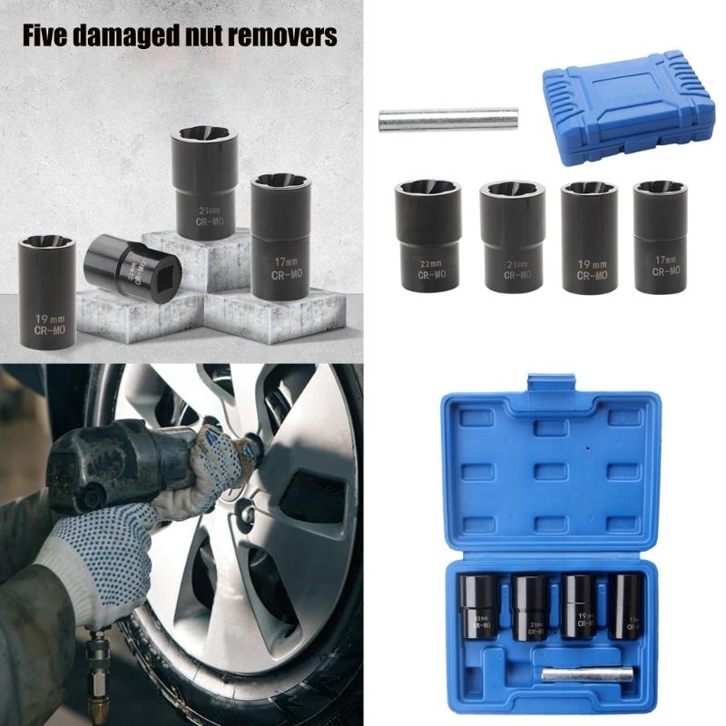 Pack of 5 High Strength Carbon Steel Extractors Socket Set 17 19 21 22mm For Stucks Lug Nut Corroded Fasteners Removal
