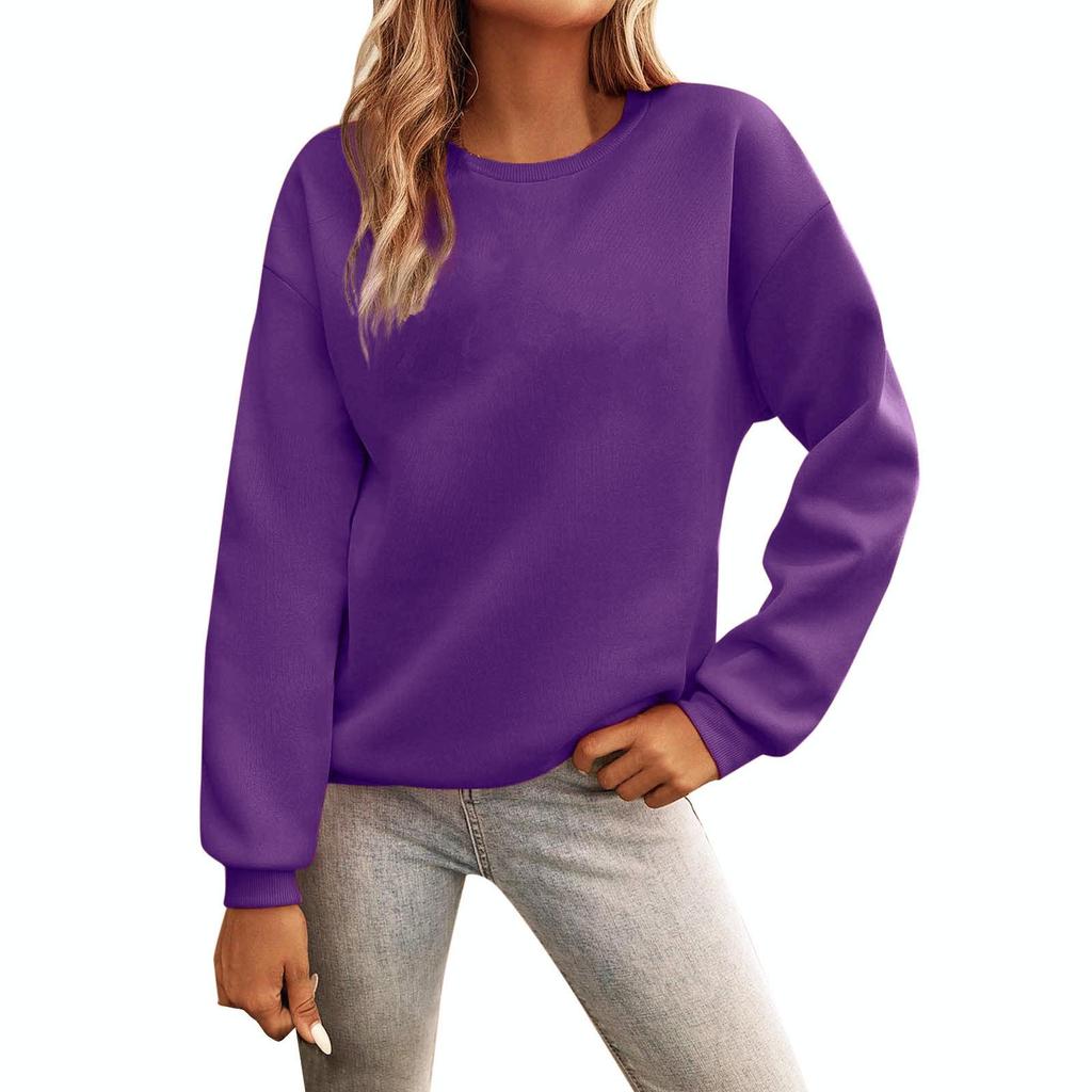 Women's European and American Loose Fit Round Neck Solid Sweatshirt - Autumn/Winter Plus Velvet Long Sleeve Casual Sports Top