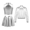 Kids Girls 3-Piece Dance Set Metallic Sleeveless Crop Top Skirt and Stand Collar Zipper Jacket
