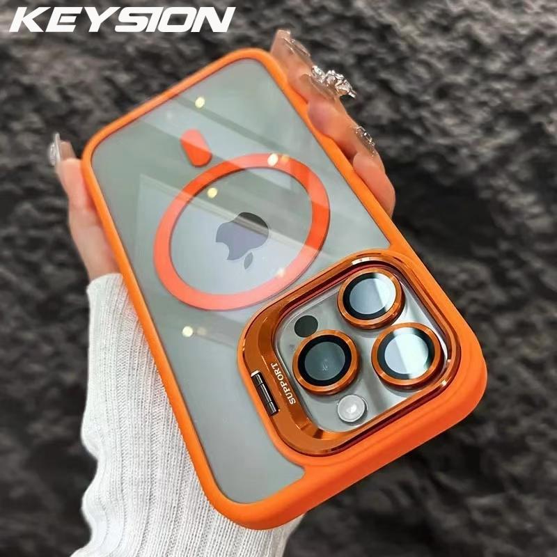 KEYSION Magnetic Transparent Phone Case for MagSafe for iPhone 15 16 Pro Max 16 Plus 16e Lens Protector Metal Stand Shockproof Cover