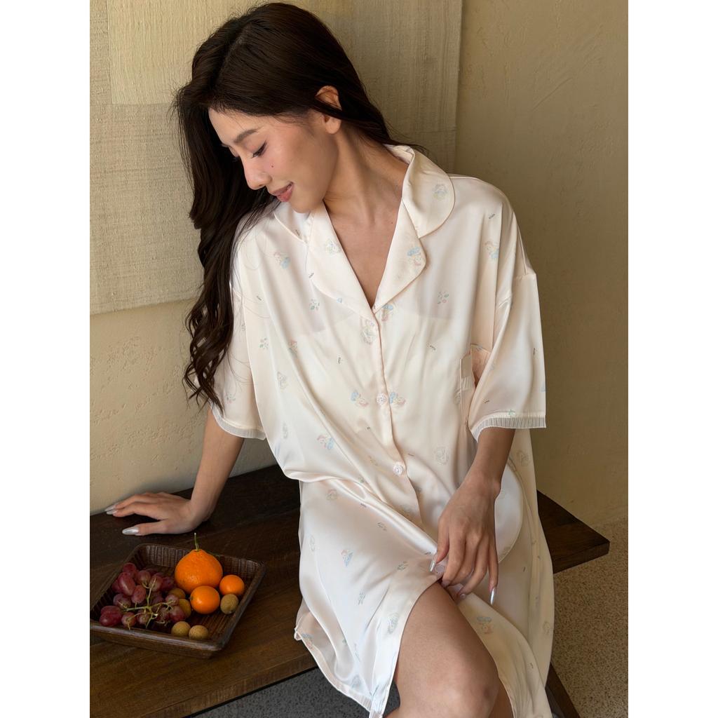 1011 ice silk sexy nightdress with chest pad summer thin boyfriend high-end loungewear shirt lapel nightdress