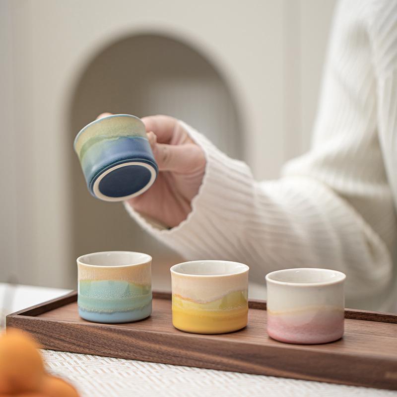 Embroidered Mountains & Rivers Ceramic Tea Cup Set - 4 Personal Tasting Cups, Ideal for Corporate Gifts, with Gift Box