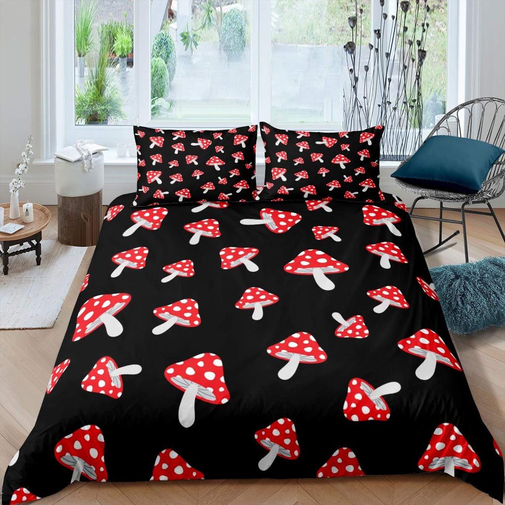 Red Mushroom Kawaii Comforter Set Twin Size Kids Bedding Set Botanical Plant Theme Print Quilt Bed Set for Boys Girls Adults