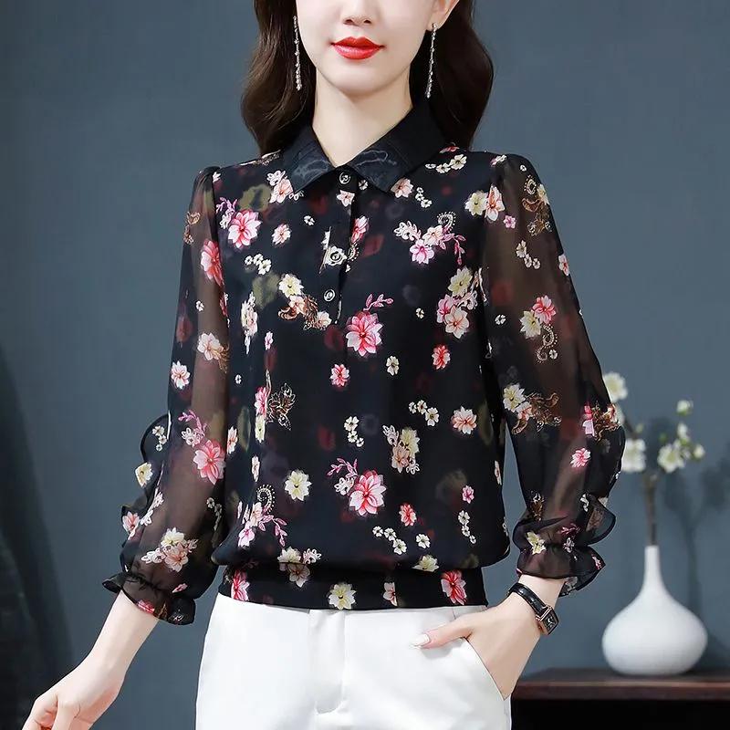 Женская весенняя свободная шифоновая рубашка с принтом и лацканами, рукав девять минут, цветочные оборки, топы для поездок на работу