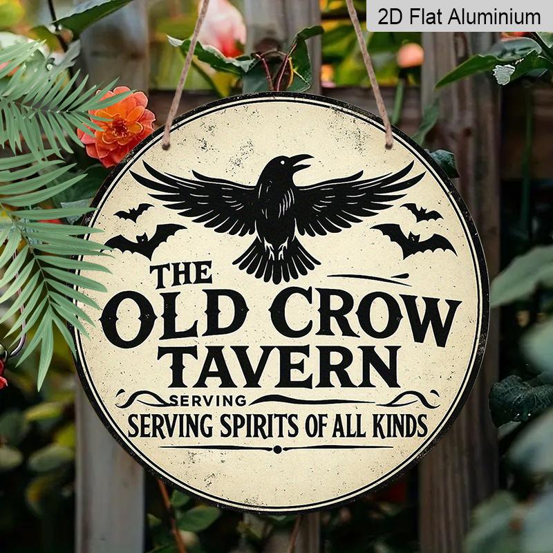 2D Flat - A Vintage French 'Old Crow Tavern' Round Aluminum Wall Decor, Vintage Gothic Crow & Bat Design, Suitable for Indoor/Outdoor Use, Perfect