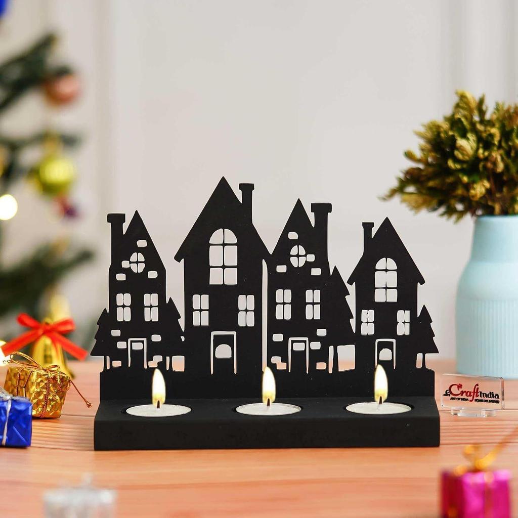 Merry Christmas Tower Decorative Tea Light Candle Holders (Wooden Black) | Decoration Items for Home, Living Room, Office