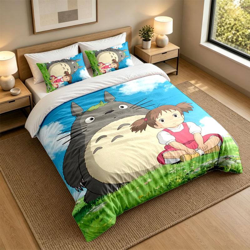 3Pcs Bedding SetMy Neighbor Totoro Soft Bed Sheet and Two Pillowcases Home Bedroom Decor