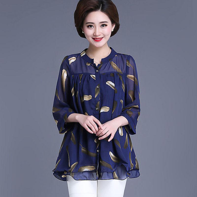 Oversized Blouses Women's Three-quarter Sleeve Top Blouses Chiffon Blouses Loose Round Neck Feather Pattern Sleeve Translucent Off-shoulder Blouses