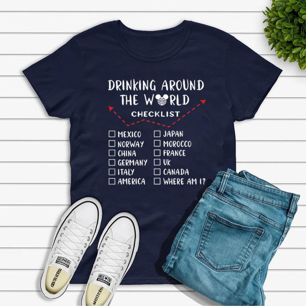 Футболка с контрольным списком Drinking Around The World Футболка Epcot Drinking Футболка Epcot Футболка Food and Wine Футболки для женщин с графическим принтом