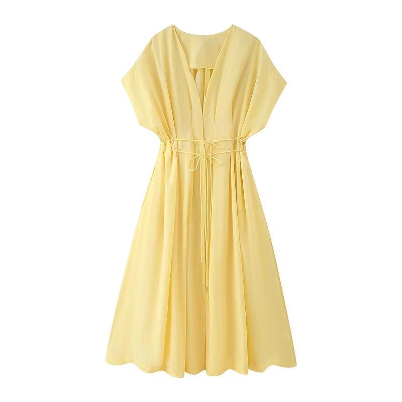 Summer New Product Women's Clothes Cotton Blend V Neck Short Sleeve Pleated Trim Midi Skirt Dress 2965260 2965278