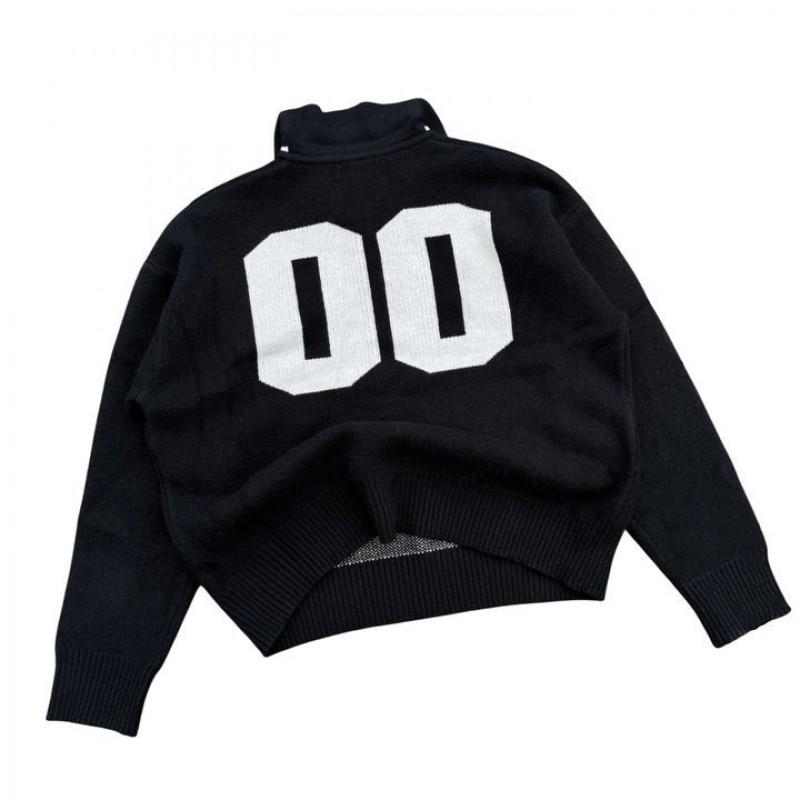 Unisex Polo Collar Knit Sweater With Letter Jacquard Streetwear Loose Fit Pullover Men Women