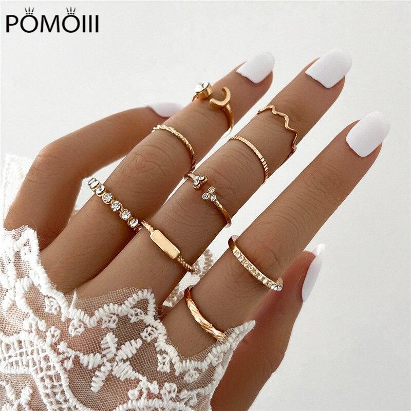 Modyle 9 шт./набор Роскошные кольца с кристаллами и золотистым покрытием для женщин и мужчин, шармы, луна, скручивание, волна, геометрический сплав, бохо-украшения