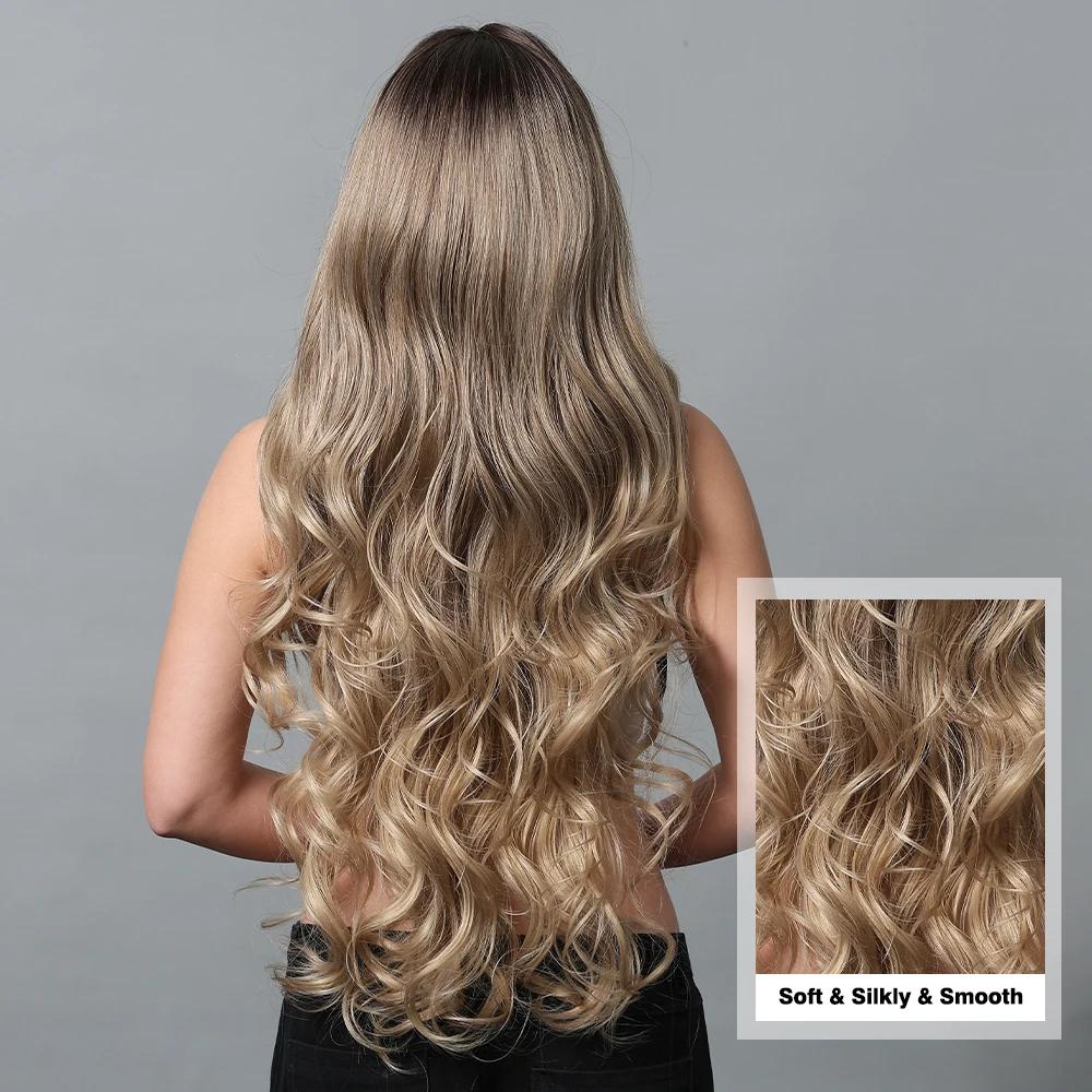 ALAN EATON Ombre Brown Blonde Парики для женщин Пепельно-русый волнистый парик с челкой Ombre Натуральный синтетический парик на каждый день Жаростойкий