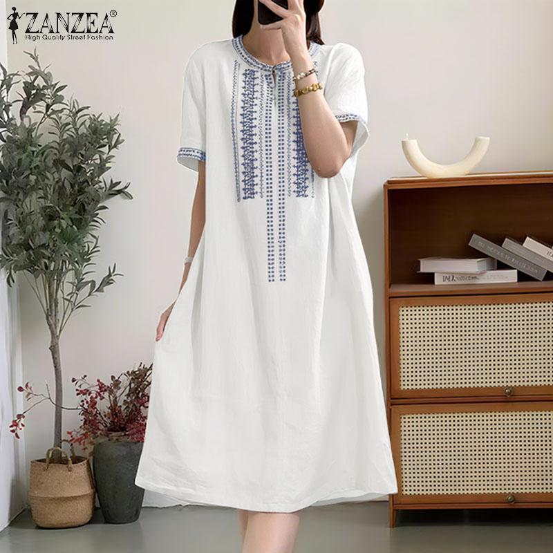 ZANZEA Women Casual Round Neck Summer Short Sleeve Print Dress